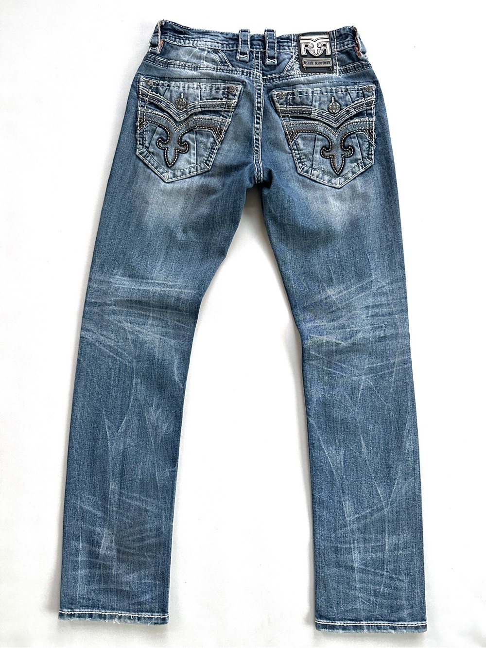 ROCK REVIVAL DYER STRAIGHT STRETCH DISTRESSED THICK STITCH JEANS NEW Sz 29x32